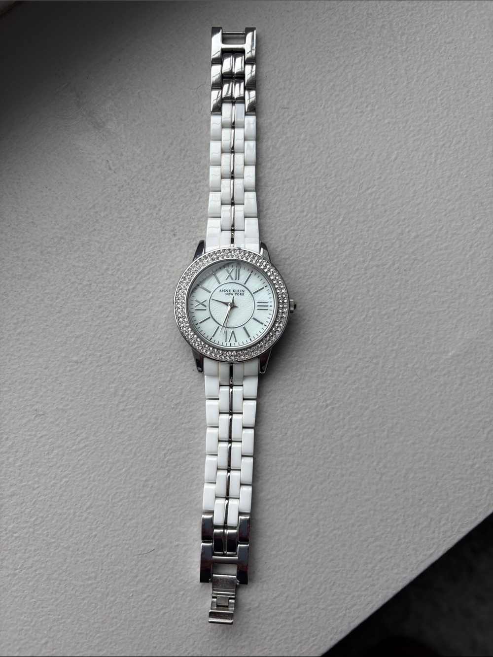 Anne Klein White Ceramic and Silver-Tone Crystal Bezel Watch